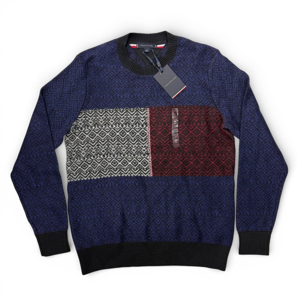 Tommy Hilfiger Colorblock Diamond Knit Sweater Mens Medium Navy Red White‎ NWT